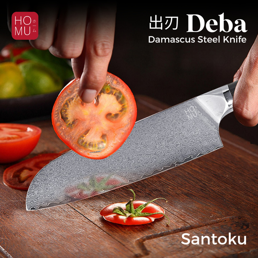 HOMU Deba Santoku Real Damascus Chef Knife Pisau Jepang Stainless Damascus VG10