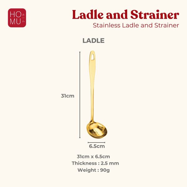 HOMU Hishaku Gold Stainless Soup Ladle Strainer Centong Sup Sendok Kuah Saringan HotPot warna Emas