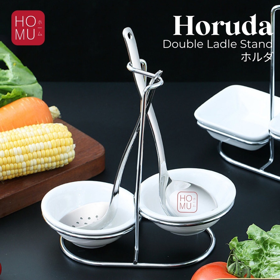 HOMU HORUDA DUO Ladle Stand Spoon Holder Sendok Sup Stainless Rak Spatula dengan Mangkuk Keramik