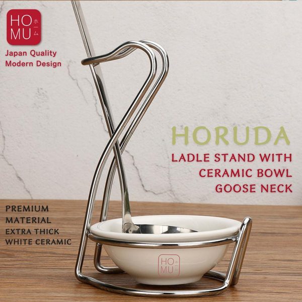 HOMU HORUDA UNO – Ladle Stand Spoon Holder Sendok Sup Stainless Rak Spatula dengan Mangkuk Keramik