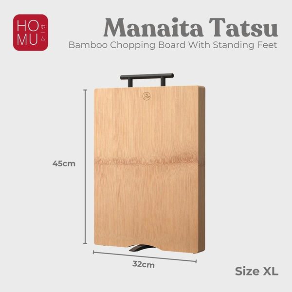 HOMU MANAITA TATSU Talenan Bambu Asli Dengan Kaki Natural Cutting Board with Exclusive Black Handle
