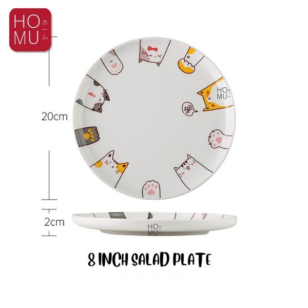 HOMU NEKO Piring Makan Keramik Motif Kucing Lucu Cute Ceramic Cat Drawing Bowl Plate