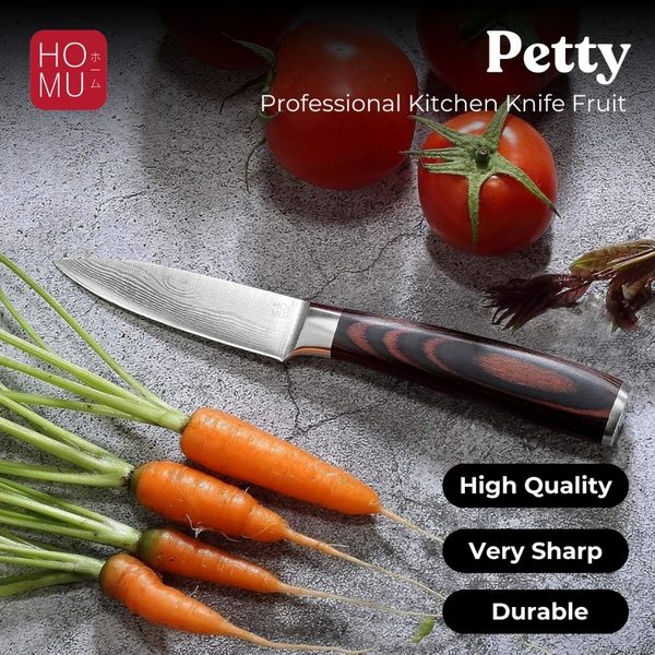 HOMU PETTY PISAU JEPANG PROFESSIONAL KITCHEN KNIFE FRUIT STAINLESS DAMASCUS PATTERN WOOD HANDLE