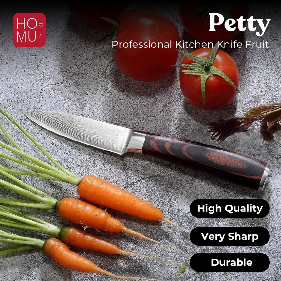 HOMU PETTY PISAU JEPANG PROFESSIONAL KITCHEN KNIFE FRUIT STAINLESS  DAMASCUS PATTERN WOOD HANDLE
