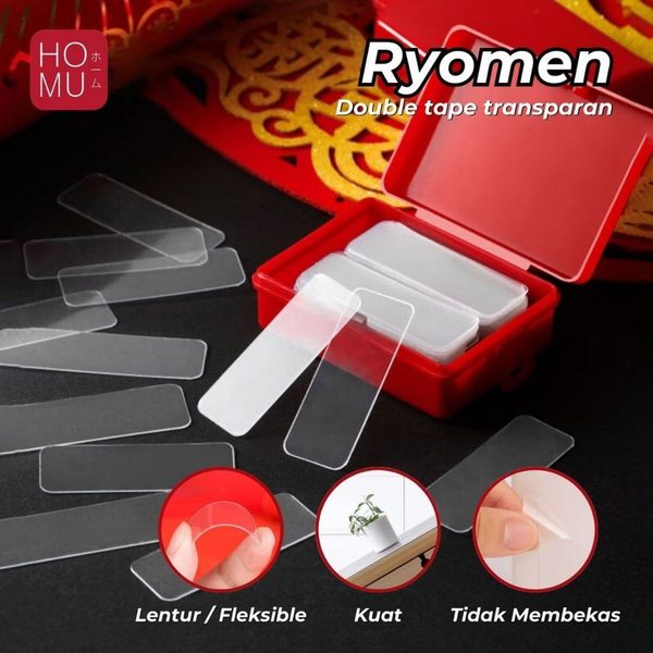 HOMU RYOMEN Double Tape Transparant Selotip Perekat Lentur Kuat Tidak Membekas isi 60PCS FREE KOTAK